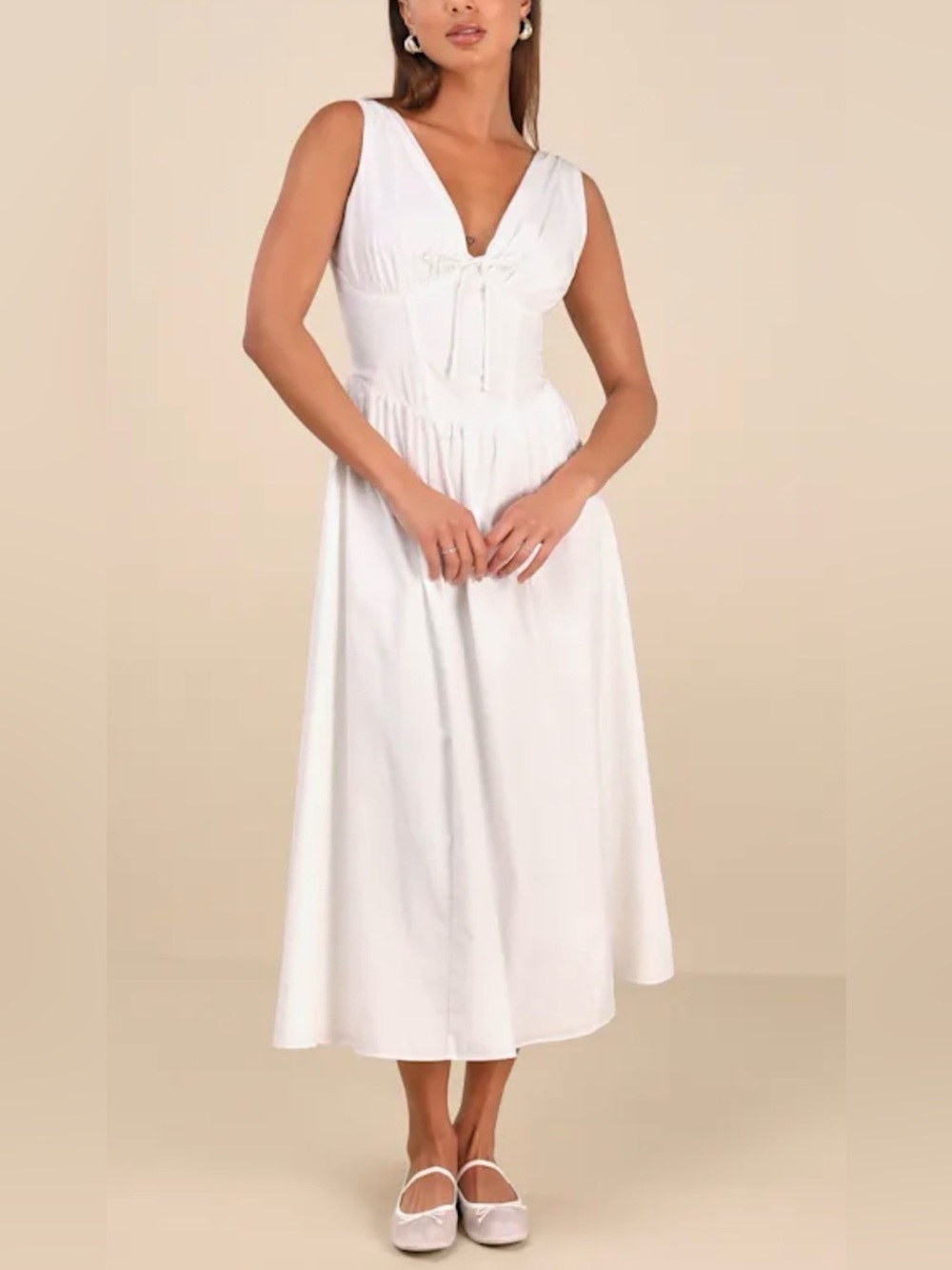Lulu's White Tie-Front V-Neck Midi Dress